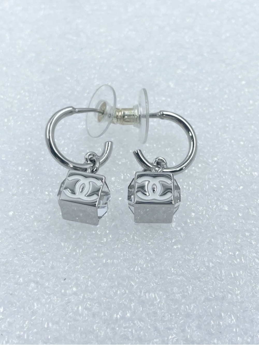 CHANEL Silver Cube Charm Hoop Earrings